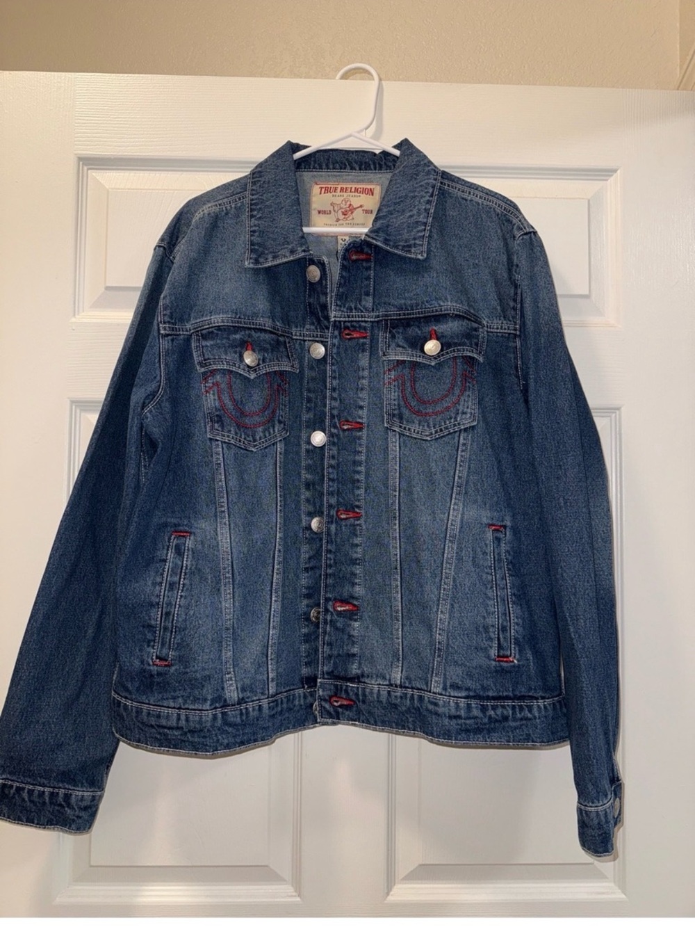 True Religion Blue Denim Jacket with Red Lettering - Picture 2 of 8